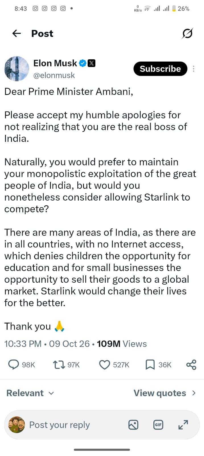 एलन मस्क का अंबानी पर तंज, Starlink की भारत में एंट्री पर विवाद तेज