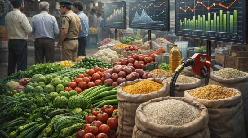 महंगाई और आवश्यक वस्तुओं की कीमतों पर निगरानी दर्शाता AI निर्मित चित्र