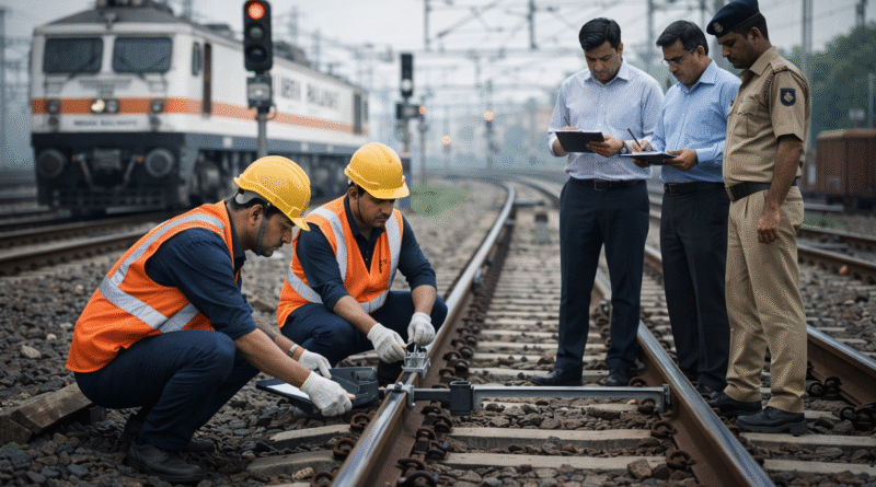 भारतीय रेलवे में सुरक्षा निरीक्षण और ट्रैक जांच का AI निर्मित दृश्य