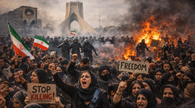 ईरान विरोध प्रदर्शन में भारी भीड़ और सरकारी दमन की प्रतीकात्मक तस्वीर