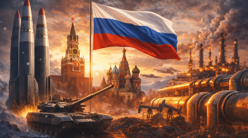 रूस की सैन्य शक्ति, ऊर्जा संसाधनों और रणनीतिक प्रभाव को दर्शाती प्रतीकात्मक छवि