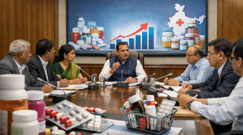 भारत में दवाओं की कीमत और आपूर्ति पर सरकारी समीक्षा का AI निर्मित दृश्य