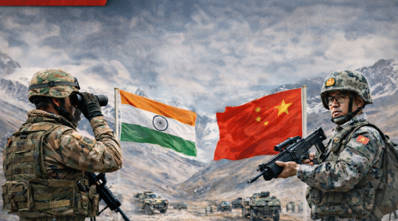 India China LAC situation illustration showing soldiers and flags in mountainous border area