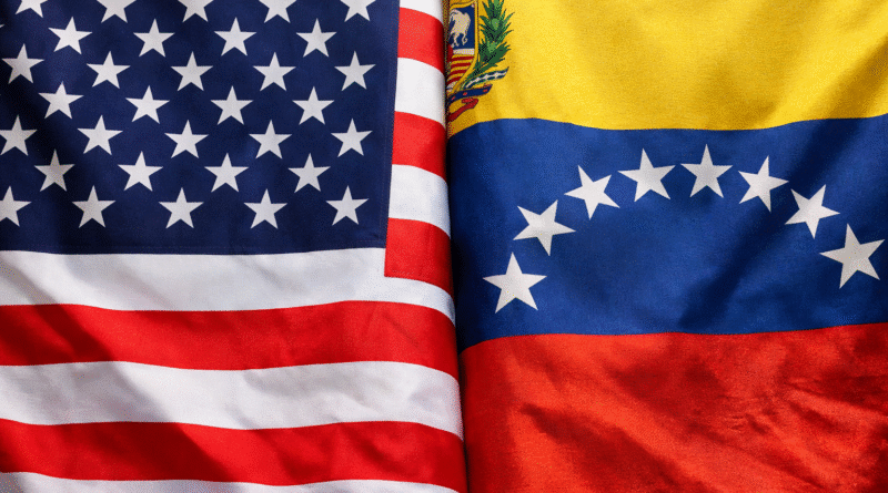 AI generated illustration showing USA and Venezuela flags facing each other with a dark silhouette symbolizing detention or conflict