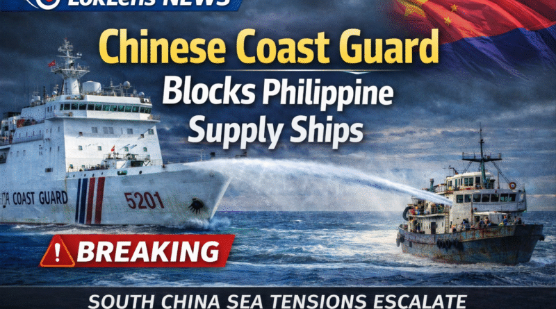 दक्षिण चीन सागर में समुद्री तनाव दर्शाता प्रतीकात्मक मानचित्र और नौसैनिक गतिविधियाँ