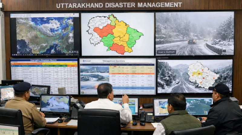 नियंत्रण कक्ष में अधिकारी 23 जनवरी के बारिश और बर्फबारी अलर्ट की मॉनिटरिंग करते हुए
