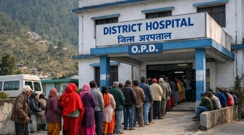 District hospital building in Uttarakhand with patients waiting in queue