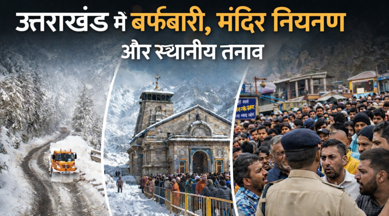 उत्तराखंड में बर्फबारी, मंदिर पहुंच नियंत्रण और स्थानीय तनाव से जुड़े दृश्य।