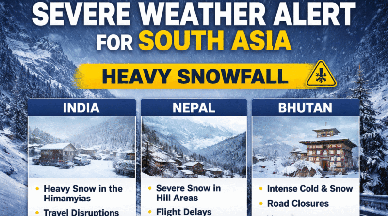 Severe weather alert for South Asia showing heavy snowfall impact across India, Nepal and Bhutan with travel disruptions and cold wave conditions.