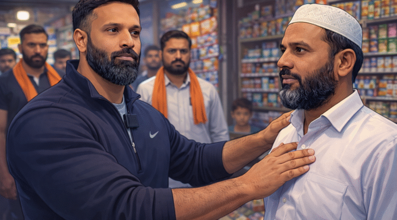 Semi-animated illustration of Deepak protecting a Muslim shopkeeper during a tense confrontation in a Kotdwar market.