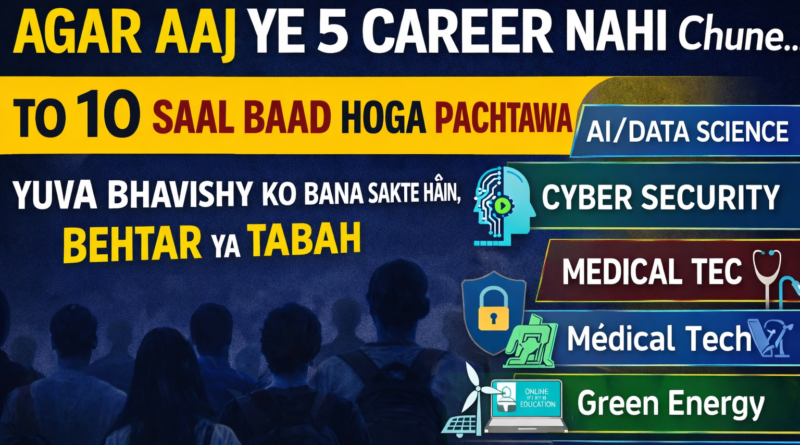 “Illustration showing future career options like AI, cyber security, healthcare, green energy, and digital education.”