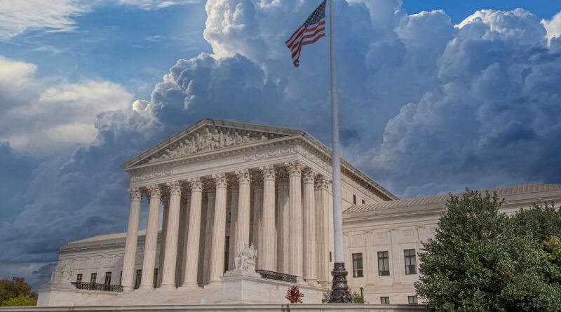 U.S. Supreme Court building with global trade symbols representing tariff ruling impact.