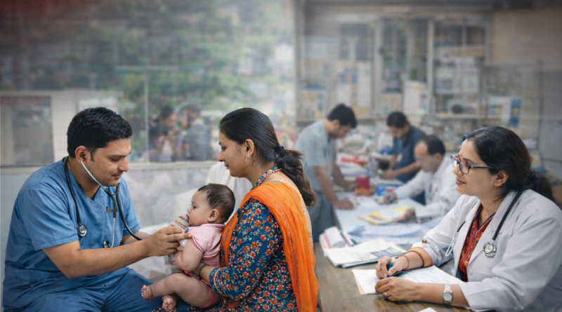 रानीखेत में आयोजित स्वास्थ्य शिविर में डॉक्टर बच्चों और महिलाओं की जांच करते हुए