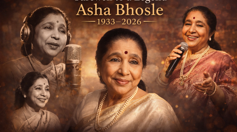 Asha Bhosle tribute image showing legendary Indian singer with vintage and modern portraits celebrating her musical legacy