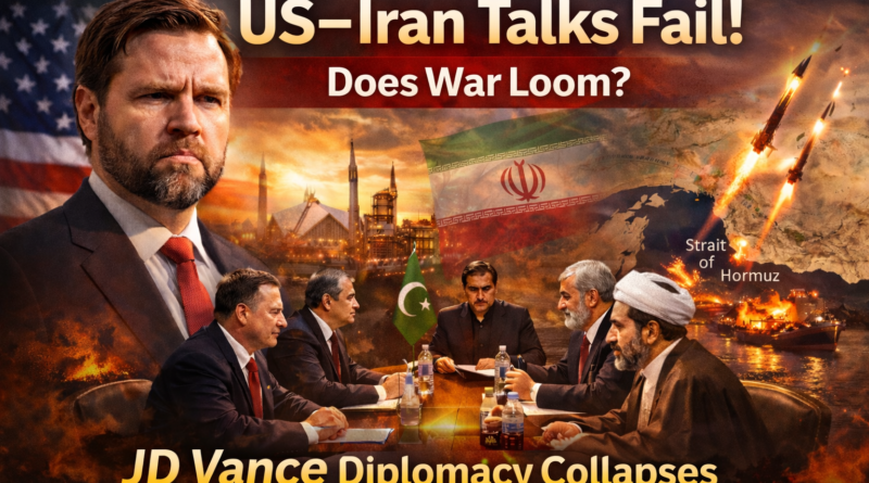 US Iran peace talks failure image showing JD Vance and delegates during tense diplomacy with Strait of Hormuz conflict background