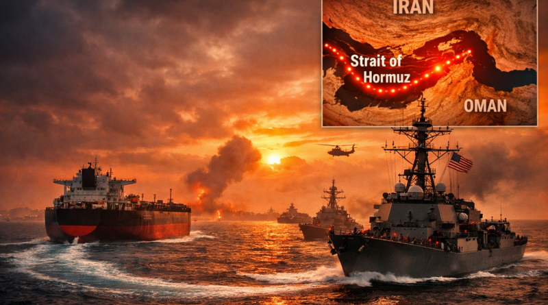 Strait of Hormuz blockade showing oil tankers, US navy ships and rising global oil crisis tension