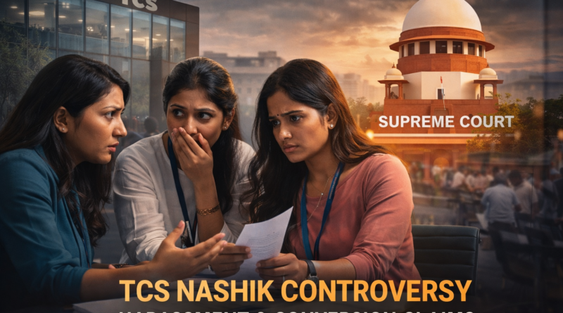 TCS Nashik controversy image showing women employees discussing harassment allegations with Supreme Court legal context