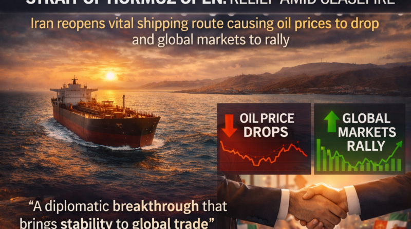Strait of Hormuz open image showing oil tanker, falling oil prices and rising global markets during ceasefire
