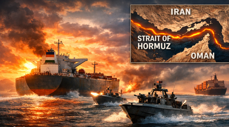 Strait of Hormuz crisis showing oil tanker under threat, naval boats and global shipping disruption