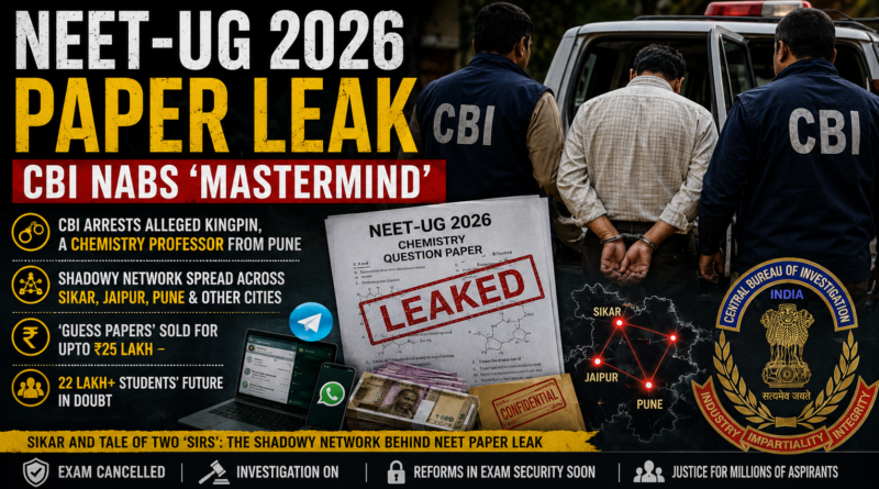 CBI officers arrest alleged mastermind in NEET-UG 2026 chemistry paper leak case with leaked exam paper and investigation graphics.